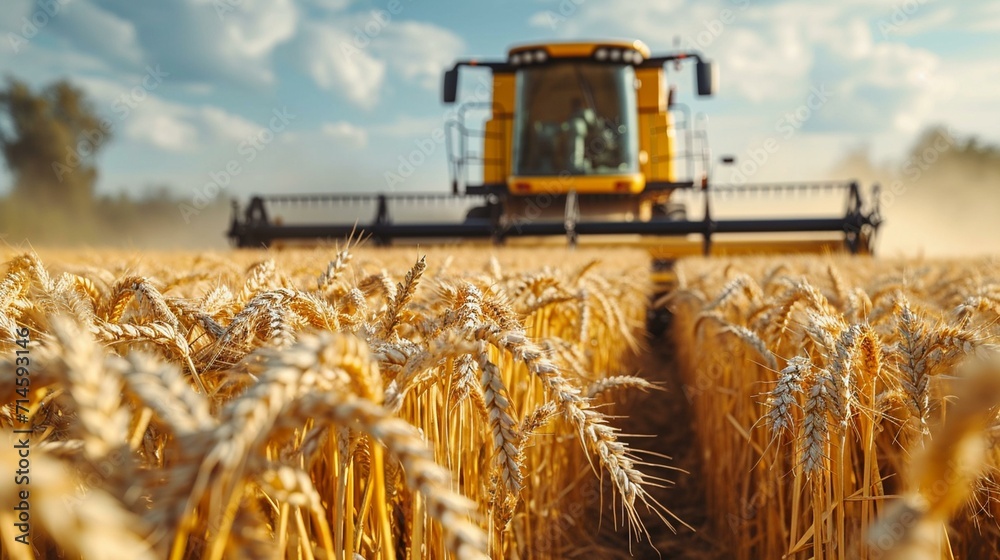 Fototapeta premium Close-up of a combine harvester harvesting mature wheat spikelets. [Combine harvester harvesting wheat spikelets