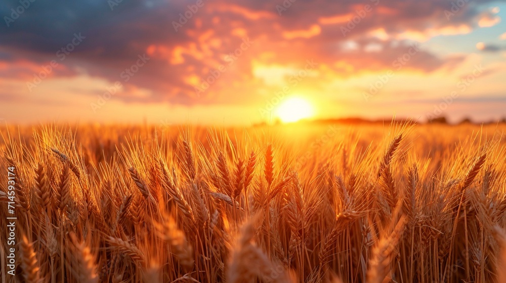 Panoramic shot of a wheat field at sunset, with vibrant colors illuminating the spikelets. [Sunset in wheat field with vibrant spikelets