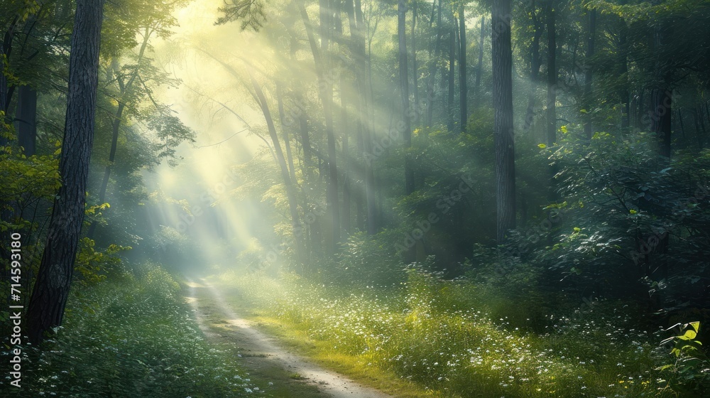  a dirt road in the middle of a forest with sunbeams shining through the trees and grass on both sides of the road is a dirt path with white flowers and green grass on both sides.