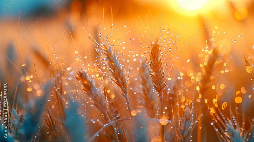 Macro shot of dew-covered wheat spikelets at dawn, showcasing their delicate beauty. [Dew-covered wheat spikelets at dawn