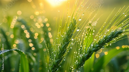 Close-up of dewdrops glistening on fresh wheat spikelets in the early morning. [Dewdrops on fresh wheat spikelets