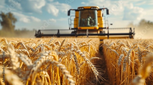 Close-up of a combine harvester harvesting mature wheat spikelets. [Combine harvester harvesting wheat spikelets