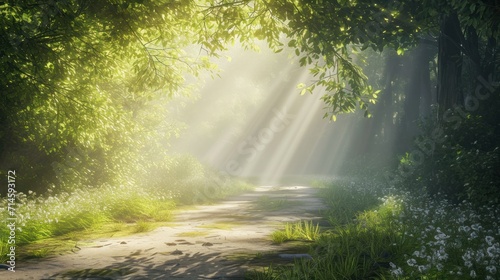  a sunbeam shines through the trees over a dirt road in the middle of a forest with wildflowers and grass on either side of the road or side of the road.
