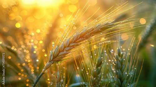 Macro shot of dew-covered wheat spikelets at dawn  showcasing their delicate beauty.  Dew-covered wheat spikelets at dawn