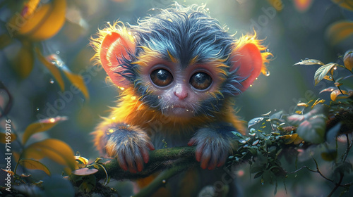 detailed illustration of a print of colorful baby monkey
