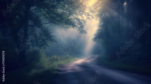  a dirt road in the middle of a forest with sunbeams shining through the trees on either side of the road and on the other side of the road.