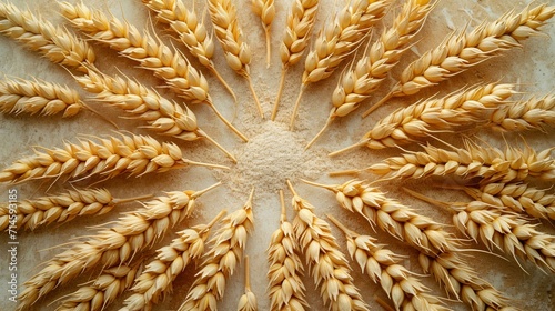 Wheat spikelets arranged in a circular pattern on a tabletop. [Circular arrangement of wheat spikelets