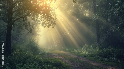  a dirt road in the middle of a forest with sunbeams shining through the trees on either side of the road is a dirt path that runs through the woods.