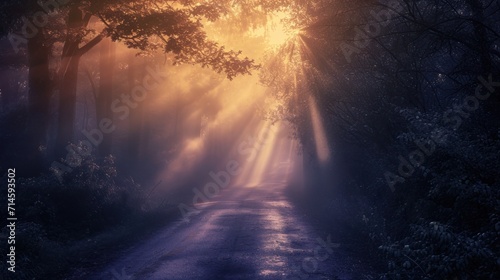  a road in the middle of a forest with sun rays coming through the trees on either side of the road and on the other side of the road is a dirt road.