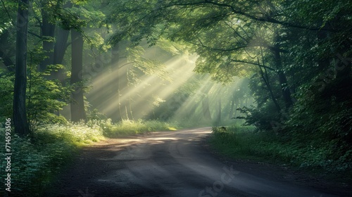  a dirt road in the middle of a forest with sunbeams shining through the trees on either side of the road is a dirt road with green grass and trees on both sides.