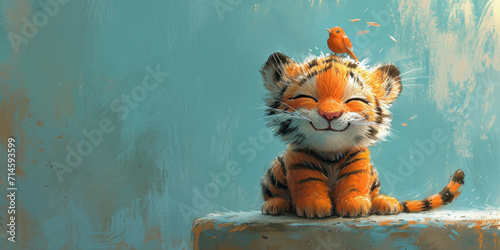 Tiger mit einem Vogel auf dem Kopf