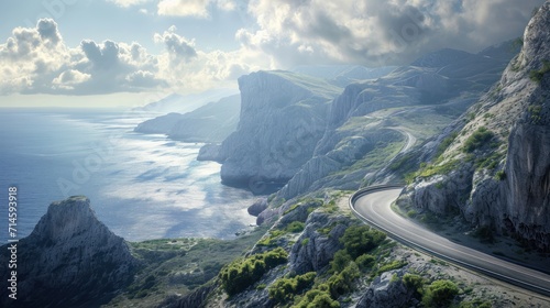  a scenic view of a road on the side of a mountain with a body of water on the other side of the road and a cliff on the other side of the road.
