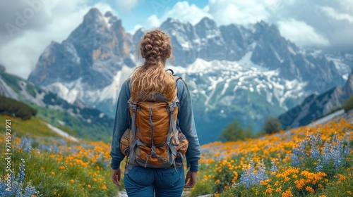  a woman with a backpack walks through a field of wildflowers in front of a mountain range with a snow - capped peak in the distance in the distance.