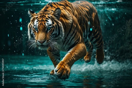 Siberian tiger running in water with rain drops. Animal in natural habitat.