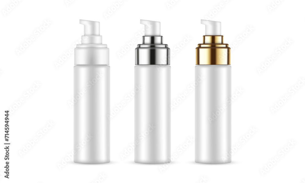 Set Of Blank Airless Pump Bottles With Plastic, Metallic, Golden Caps, Isolated On White Background. Vector Illustration Set Of Blank Airless Pump Bottles With Plastic, Metallic, Golden Caps, Isolated On White Background. Vector Illustration