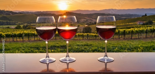  three glasses of wine sitting on a table in front of a vineyard with the sun setting over the hills in the distance and a few glasses of wine in the foreground.