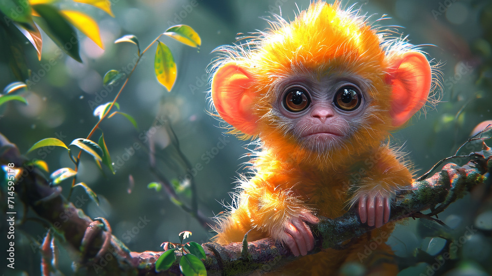 detailed illustration of a print of colorful baby monkey