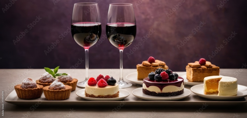  a couple of glasses of wine sitting on top of a table next to a plate of desserts and a glass of wine on top of another glass of wine.