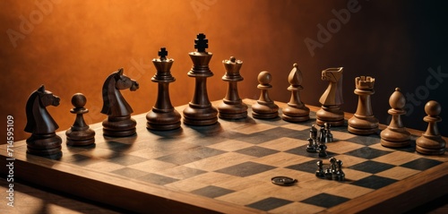  a chess board with a set of chess pieces on it and the pieces on the board are black and white  and the pieces on the board are brown and white.
