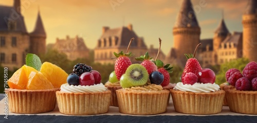  a row of cupcakes topped with fruit on top of a table in front of a castle with a castle in the back ground and a sky filled with clouds. © Jevjenijs
