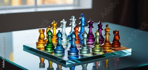  a glass table with a glass chess set on top of it and a window in the backround behind the chess set is a multi - colored glass chess set.