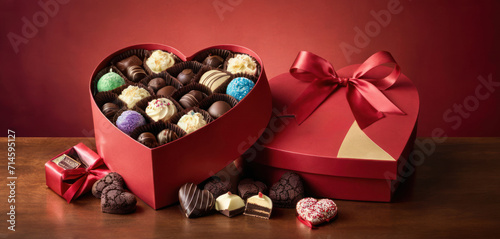  a heart - shaped box of assorted chocolates with a bow on a table next to a heart - shaped box of assorted chocolates with a bow.