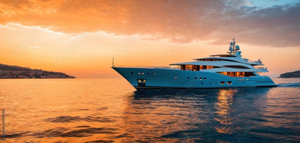 a large white boat in the middle of a body of water with a sunset in the back ground and a small island in the middle of the water in the background. a large white boat in the middle of a body of water with a sunset in the back ground and a small island in the middle of the water in the background.
