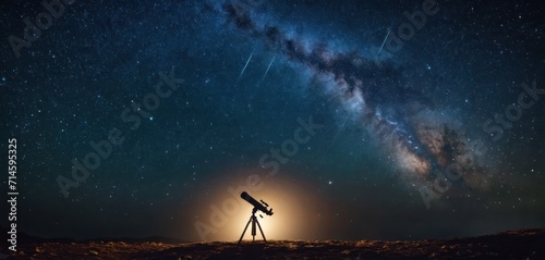  a telescope on a tripod in the middle of a field under a night sky filled with stars and a bright light in the middle of the foreground is a bright star. photo