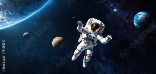  an artist's rendering of an astronaut floating in space next to the earth and another planet in the foreground, with a distant object in the foreground.