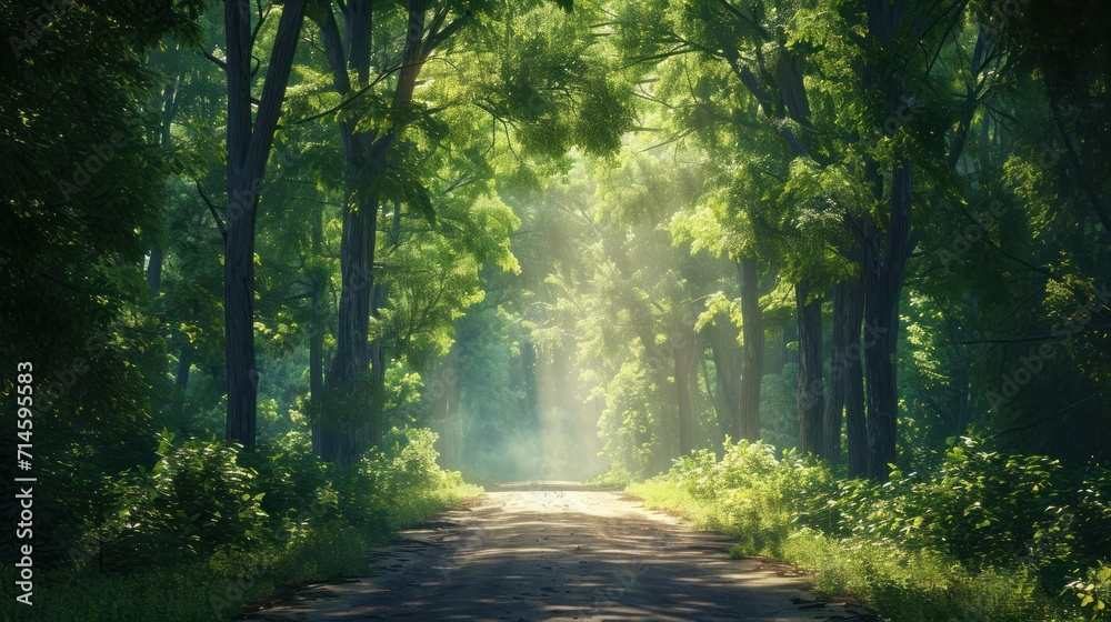  a dirt road in the middle of a forest with trees on both sides of the road and the sun shining through the trees on the other side of the road.