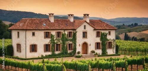  a house in the middle of a vineyard with vines growing on the side of the house and mountains in the distance in the distance in the distance is a cloudy sky.