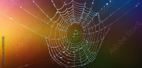  a close up of a spider web with drops of water on the spider's web, in front of a multicolored background of blue, yellow, green, pink, purple, purple, and orange, and pink, and green.