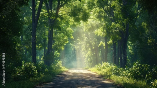  a dirt road in the middle of a forest with trees on both sides of the road and the sun shining through the trees on the other side of the road.