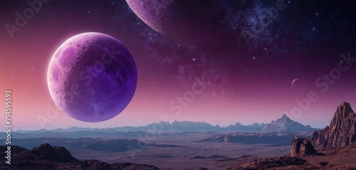  an artist's rendering of a distant planet with mountains in the foreground and a distant moon in the background, with a distant mountain range in the foreground.