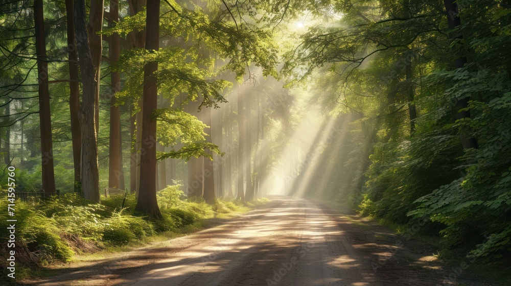 Fototapeta premium a dirt road in the middle of a forest with sunbeams shining through the trees on either side of the road is a dirt road with green grass and trees on both sides.