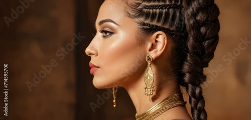  a close up of a woman with a braid in her hair and a gold necklace on her neck and a pair of earrings on her left side of her ear. photo