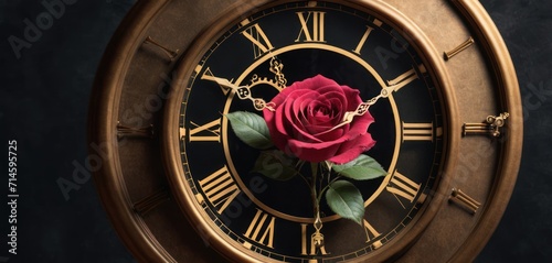  a close up of a rose on a clock with roman numerals and roman numerals on the face of the clock with roman numerals and roman numerals. photo