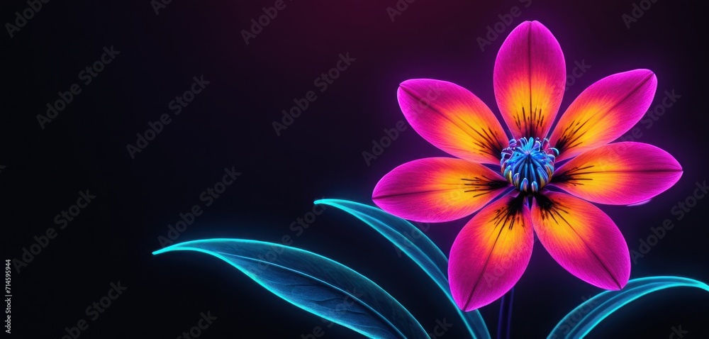  a close up of a flower on a black background with a pink and yellow flower in the middle of the picture and a blue flower in the middle of the picture.