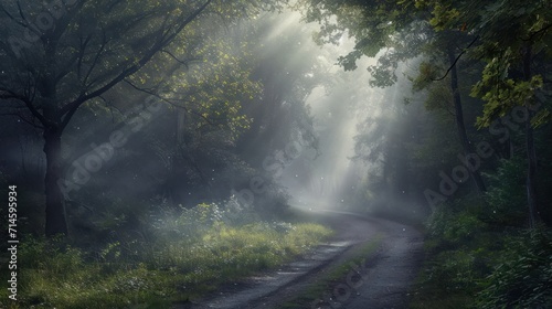  a dirt road in the middle of a forest on a foggy day with sunbeams shining through the trees and the road is surrounded by tall grass and trees.