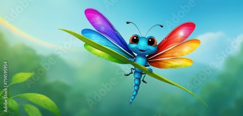  a colorful dragon sitting on a leaf with a blue sky in the background and a green leaf in the foreground with a rainbow colored dragon on it s wings.