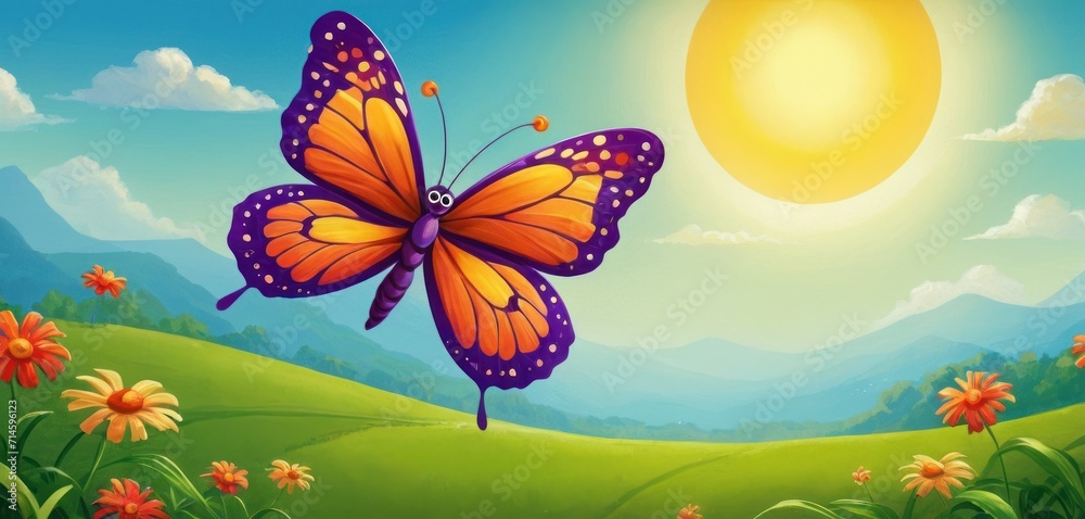  a painting of a butterfly flying in the sky over a lush green field with flowers and mountains in the background with the sun shining down on a bright blue sky.