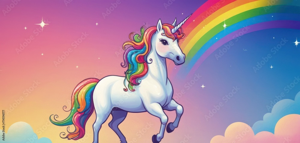 a white unicorn standing on top of a lush green field under a rainbow colored sky with stars and a rainbow - colored cloud in the middle of the sky with a rainbow. a white unicorn standing on top of a lush green field under a rainbow colored sky with stars and a rainbow - colored cloud in the middle of the sky with a rainbow.