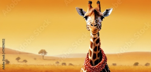  a giraffe with a red and white polka dot scarf around it's neck standing in a field of dry grass with a yellow sky in the background.