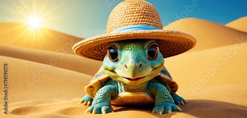  a small turtle wearing a straw hat on top of it's head in the middle of a sandy area with the sun shining on the horizon in the background.