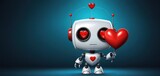  a robot holding a heart shaped balloon on a blue background with a caption that reads, i love you, and the robot is holding a red heart shaped balloon.