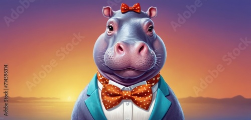 a hippopotamus wearing a bow tie and a tuxedo standing in front of a sunset with mountains and a body of water in the foreground. photo