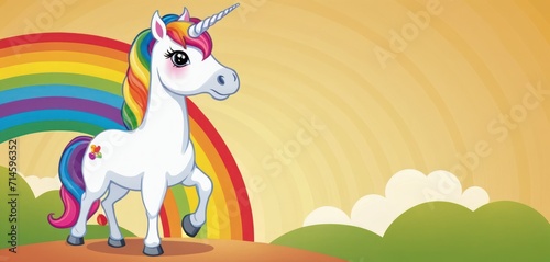  a cartoon unicorn standing on top of a hill with a rainbow in the sky behind it and a cloud in the sky in the foreground with a rainbow in the background.