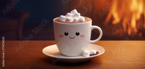  a cup of hot chocolate with marshmallows in the shape of a smiley face on a saucer on a table in front of a fire place with a fireplace.