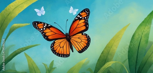  a painting of a butterfly flying in the air over a field of green grass and flowers with a blue sky in the background and a few white butterflies in the foreground.