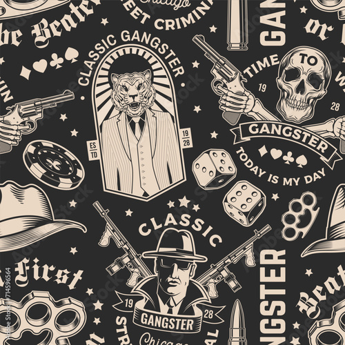 Set of gangster club seamless pattern. Vector illustration. Vintage monochrome label, sticker, patch with gangster, submachine gun and tiger gangster skull silhouettes.